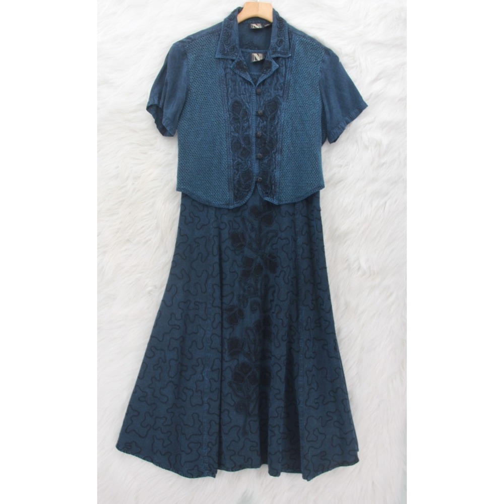 Elizabeth Scott Embroidered Dress Set Womens PM Blue Fairy Whimsy Witchy Y2K VTG